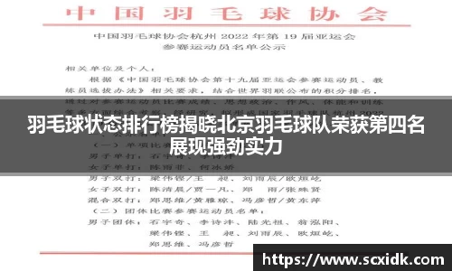 羽毛球状态排行榜揭晓北京羽毛球队荣获第四名展现强劲实力